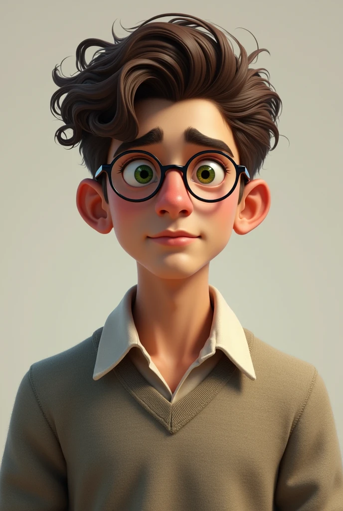Tall boy short brown curly hair, middle musculature, green eyes, defined male features Argentine, thesis clara, dressed in a sweater over a shirt and with round glasses. in realistic style