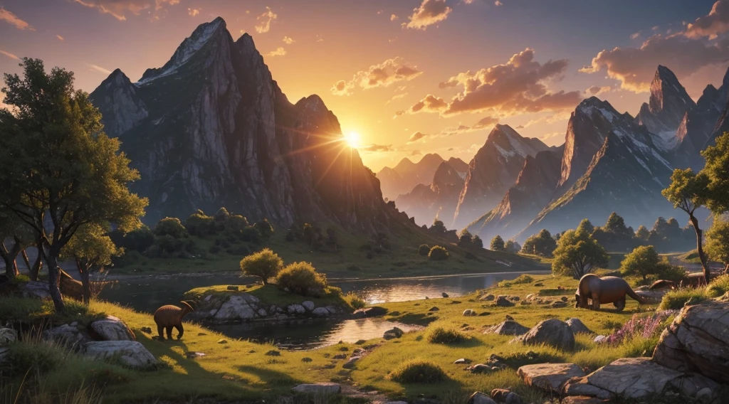 A landscape from the prehistoric era, full of dense vegetation and mountains in the background. On price, creatures like large and small herbivorous dinosaurs roam the terrain, while an orange sky indicates the sunset. In the foreground, A stream meanders through the trees, with some rocks and plants around. In the background, you can see a cave in the mountains and maybe some smaller dinosaurs near it. The scene conveys a sense of tranquility amidst the wild, untouched vastness