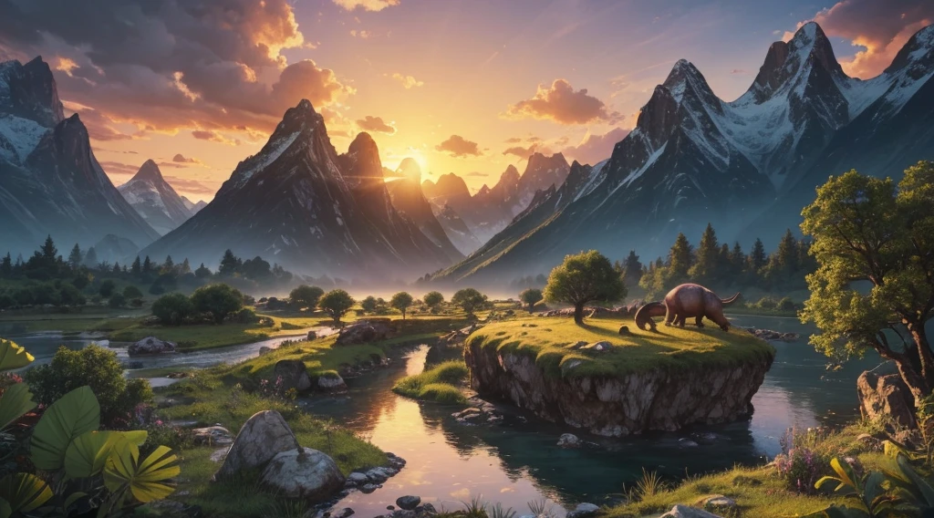 A landscape from the prehistoric era, full of dense vegetation and mountains in the background. On price, creatures like large and small herbivorous dinosaurs roam the terrain, while an orange sky indicates the sunset. In the foreground, A stream meanders through the trees, with some rocks and plants around. In the background, you can see a cave in the mountains and maybe some smaller dinosaurs near it. The scene conveys a sense of tranquility amidst the wild, untouched vastness
