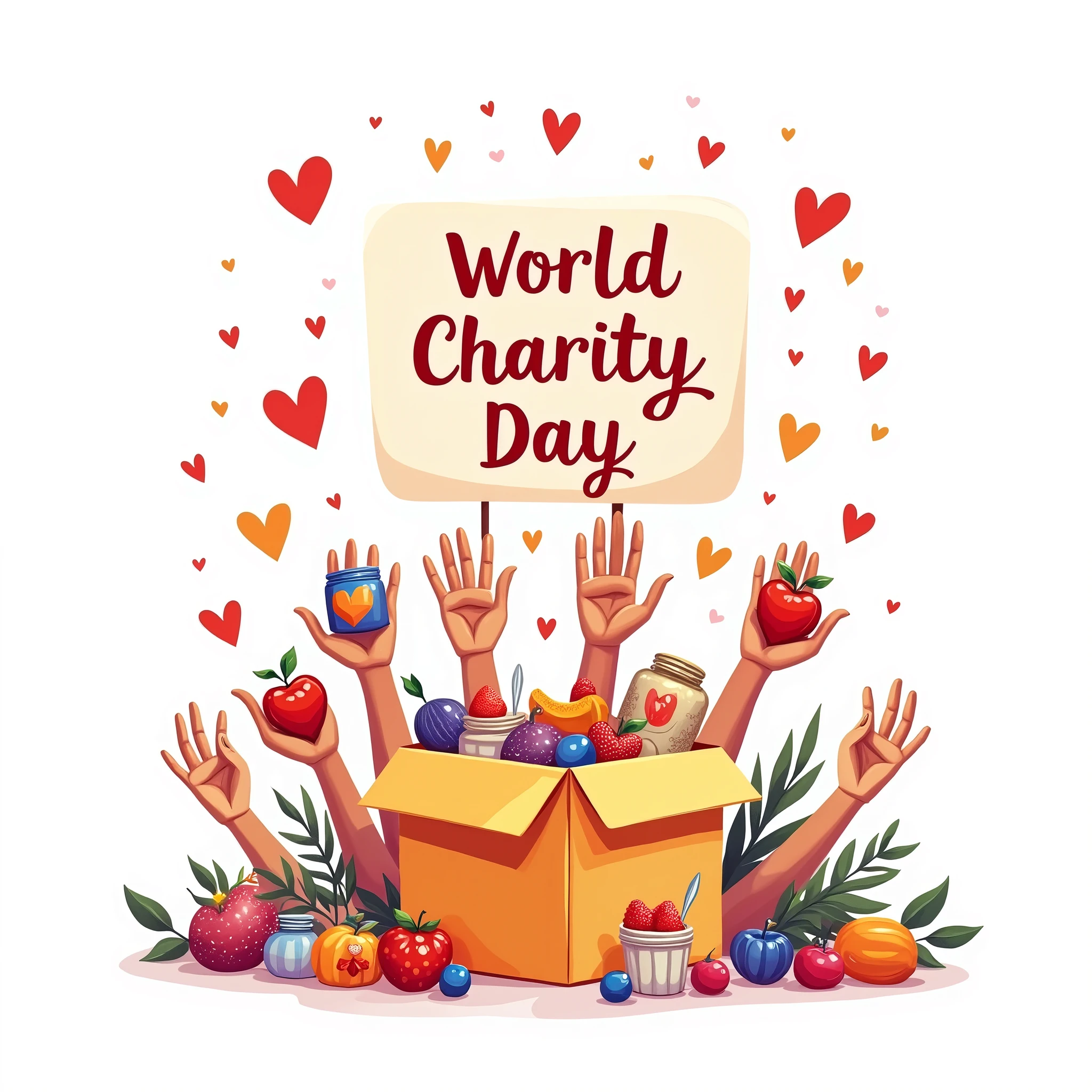 Illustration of a group of hands placing various donation items like money, food, and clothes into a charity box with a large sign saying ‘World Charity Day’ above it. The hand-drawn style features soft, friendly lines with modern color palettes, set on a simple white background. Surrounding the box are small symbols of community, love, and support.