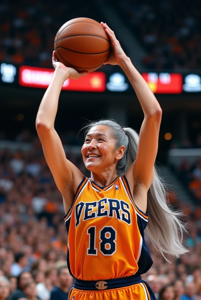 A beautiful youthful looking white Asian women as a 50 years old woman with very long hair completely gray hair in a 90s ponytail as a retired
NBA player wearing her old NBA jersey shooting the ball in the basket in a nba stadium she is smiling for the camera