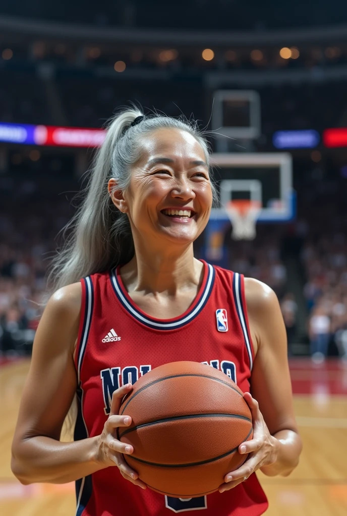 A beautiful youthful looking white Asian women as a 50 years old woman with very long hair completely gray hair in a 90s ponytail as a retired
NBA player wearing her old NBA jersey shooting the ball in the basket in a nba stadium she is smiling for the camera