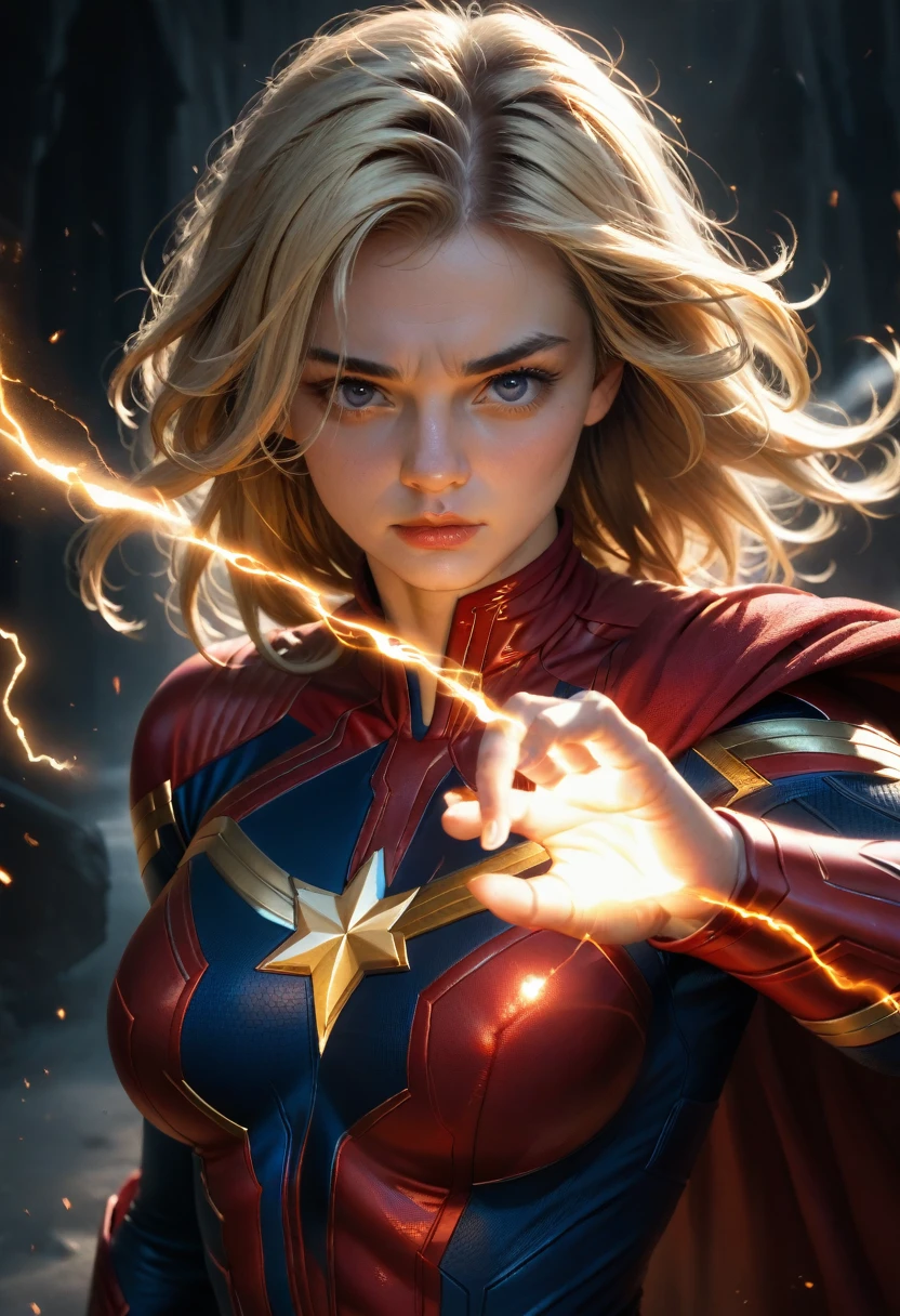 a female superhero,captain marvel,energy being held emitting from her outsrtechted hands and bodyand body ,powerful and sexy pose,cinematic lighting,vivid colors,cinematic composition,beautiful detailed eyes,beautiful detailed lips,extremely detailed face and body,long eyelashes, long blonde hair ,volumetric energy effects,dramatic shadows,glowing energy aura,cinematic camera angle,hyper realistic,8k,high quality,detailed rendering,digital art,concept art style