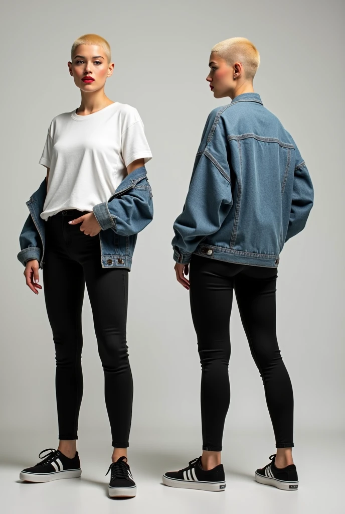 A beautiful trans female Caucasian, tall,buzz haircut,wide hips ,flat chested,wearing oversized white long t-shirt untucked and black tight jeans and black sneakers with white stripes,red lipstick, polished nails, fitting denim jacket , front,side and back view of her 8k resolution
