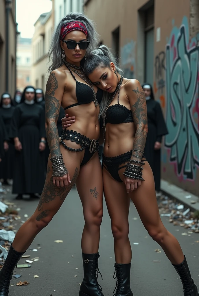 Two russian milf women: the dominant woman with possessive stance (spread legs wide open, arm around her partner"s shoulders, leaning on her partner and grabbing her wrist) protecting the submissive and needy one, who leans her head on the other's chest. different clothes but same rock chic style. grey hair (bouffant, top bun) and oversized square sunglasses and wide colourful bandana as headband. Big lips. Black lace push up bra, silicone breast,, low rise black lace thongs. Barefoot with necklaces in ankles. Lots of thick wide studded bracelets, chain necklaces and big rings,. Long earrings with chains and feathers. Sitting on a pile of huge dark green plastic bags. Lazy, leaning back, laid back pose, separated legs. Neck, chest, stomach, feet, hands, arms and wrists heavily tattoed. Toned abdominals, thin neck, slim legs and thin arms. Narrow hips. Full body. At a dead end street with graffitied walls, ground littered with waste . Nuns get close. Some nuns in the background get close.