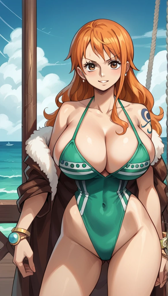 best quality, source_anime, 1girl, Nami, orange hair, huge breasts, standing, sea, pirate ship, from front, leotard, looking at viewer, navel,