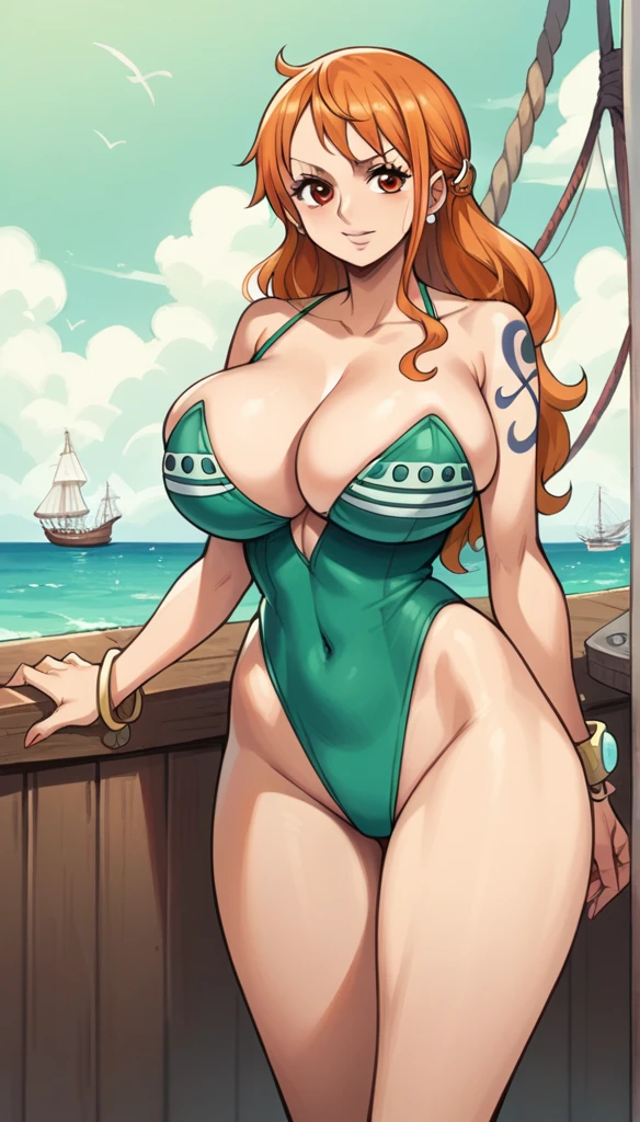 best quality, source_anime, 1girl, Nami, orange hair, huge breasts, standing, sea, pirate ship, from front, leotard, looking at viewer, navel,