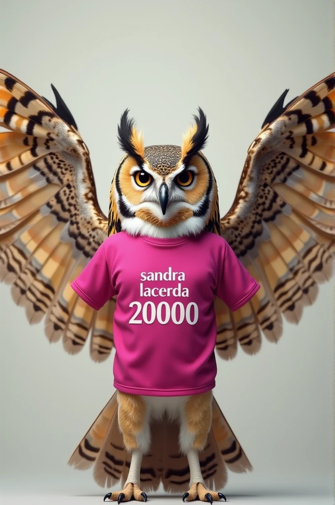 Create an image of an owl with open wings wearing a pink shirt with the words Sandra Lacerda 20000 written on it