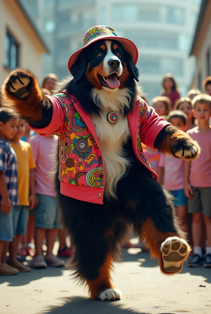 hyper-realistic photo of a Bernese wearing Life DJs clothing and bucket hat breakdancing in front of a crowd of children in a circle with a stereo in the corner