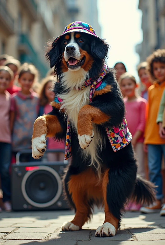 hyper-realistic photo of a Bernese wearing Life DJs clothing and bucket hat breakdancing in front of a crowd of children in a circle with a stereo in the corner