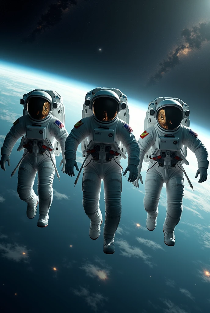 Please help me create 3 photos of astronauts exploring outer space，Be elegant