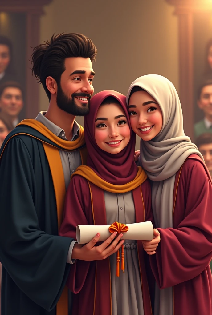 happy family with father and daughter wearing hijab graduating and with her mother wearing hijab