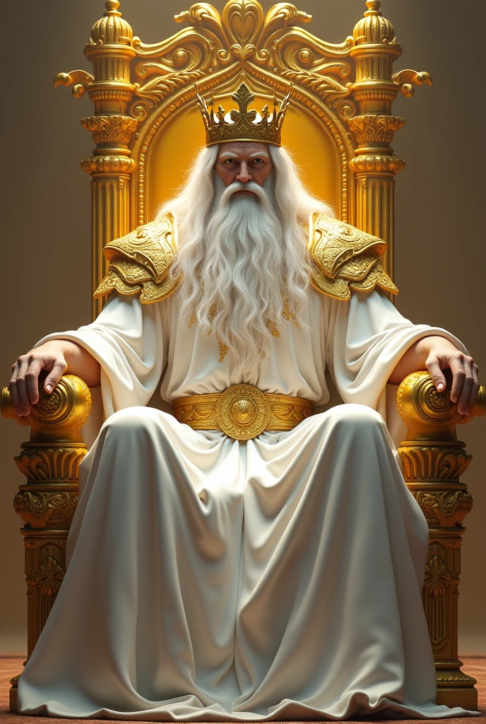 a great king sitting and leaning on a great and exalted throne all of gold. This king has a big white beard, very long white hair, white skin and a large golden crown on her head. This being has white clothes, a golden belt and shoulder armor. this king is powerful and majestic.