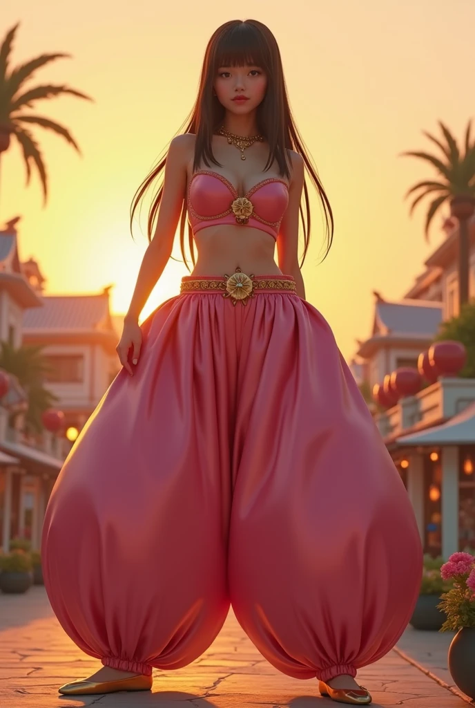 Japanese girl, solo, full body shot, brown eyes, brown long hair, straight hair, hime cut, blunt bangs, blunt tips, hourglass figure, gigantic cleavage breasts, J-Cup breasts, (Insanely huge gigantic breasts, ginormous breasts:1.6), standing in front of a sweets shop, wearing an Arabian outfit consisting of humongous inflatable full length satin ATS-style 4-yard harem pants with her belly button completely exposed, gold dance flats, and a simple satin strapless bra. The outfit is light pink and the pants are extremely puffy and completely round and completely spherical, (Best quality:1.3).