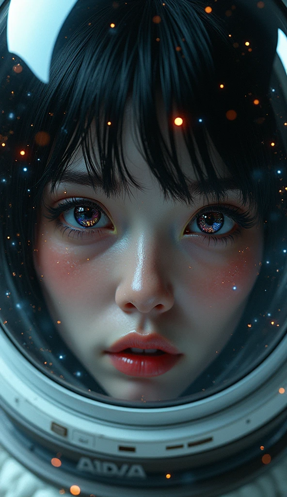(Upper body close-up:1.5)0.9]、(Space and astronauts:1.2) (Messy black hair:1.1) (black eye) (Space Helmet:1.0) (Colored stars in the eyes:1.0) (Shining Sparkle:1.1) (Thick lips:0.9)、Stars reflected in the helmet々、move、Half-open mouth、Hollow Eyes、Hot cheeks