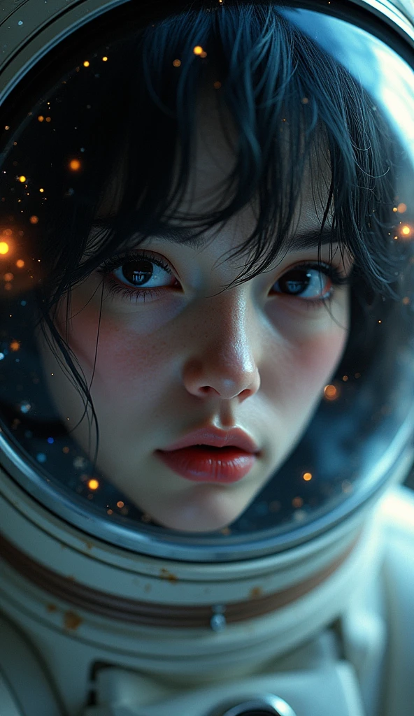 (Upper body close-up:1.5)0.9]、(Space and astronauts:1.2) (Messy black hair:1.1) (black eye) (Space Helmet:1.0) (Colored stars in the eyes:1.0) (Shining Sparkle:1.1) (Thick lips:0.9)、Stars reflected in the helmet々、move、Half-open mouth、Hollow Eyes、Hot cheeks