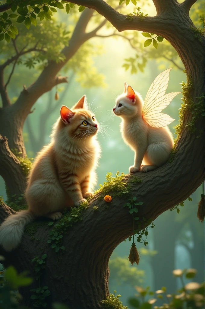 Can you make me a cat that is in a tree and is visited by a fairy godmother? 
