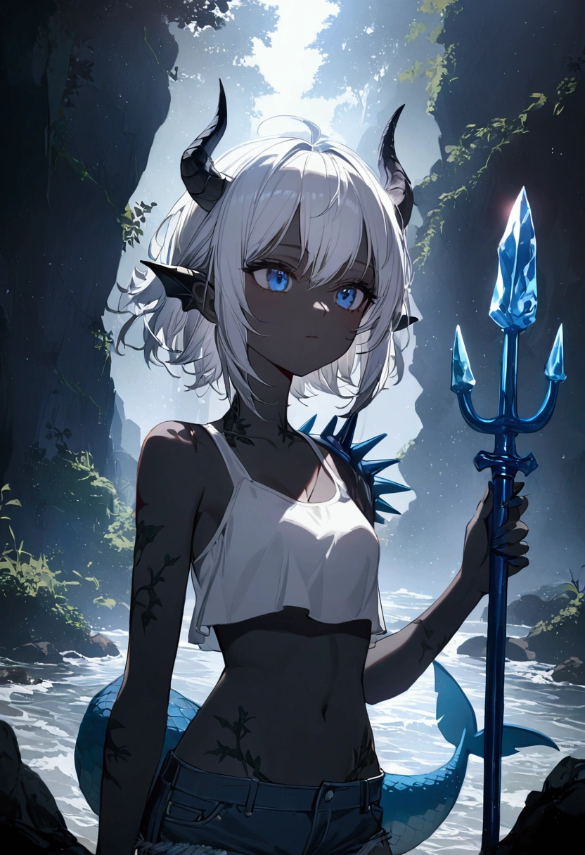 1 girl with black skin, short white hair with spikes, blue eyes, with scales on her shoulder, wearing a gray crop top, denim shorts, several scars and seaweed on her body. She has a long fish tail, with spiked fins, black horns on her head, and a blue Trident made of crystal.