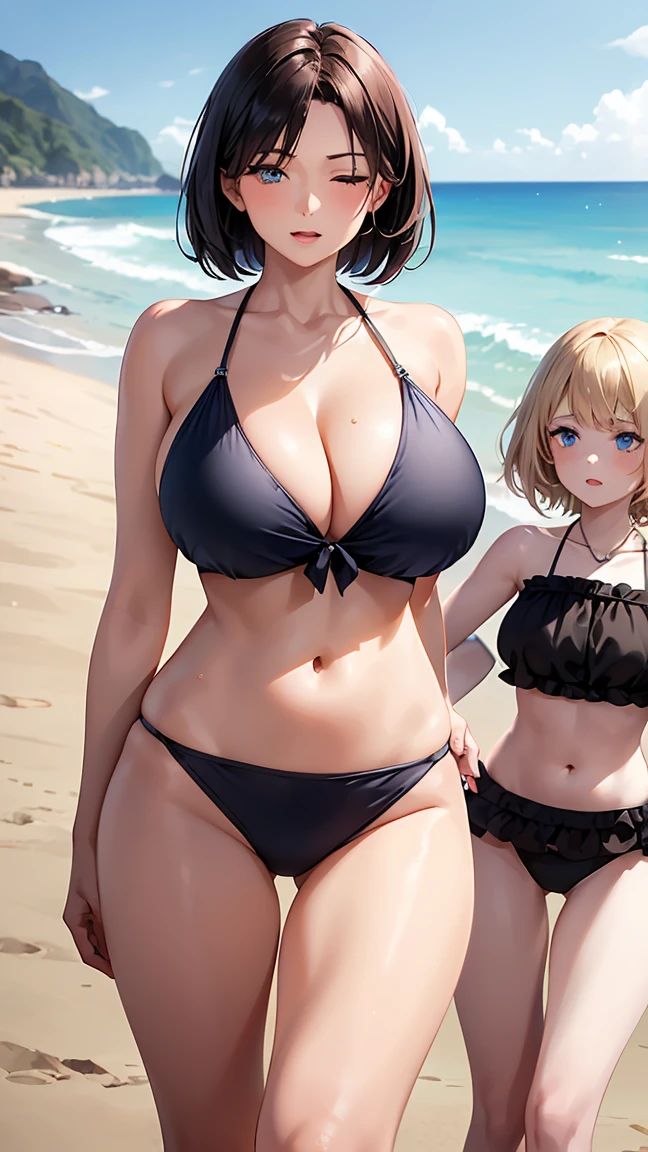 (2girls:1.6), (2mature womans:1.5)(gleaming skin:1.3), detailed eyes, mature woman, A milf with black short hair, sky-blue eyes, one eyeclosed, wearing a metallic bikini, gigantic breast,standing, beach.