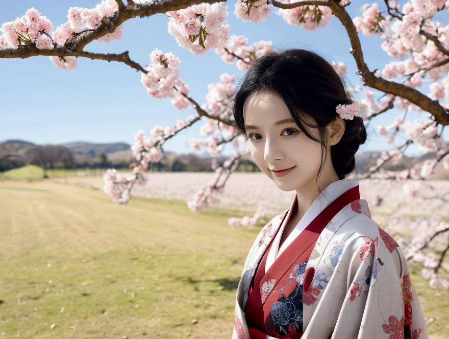 Pale red undertones,　Warm smile,　Highest quality,　8k,　Ultra-high resolution,　Spectacular landscapes,　In the grassland,　Realistic photo style,　Healthy body shape,　Sparkling Eyes, Flowing jet black hair,　A gorgeous kimono with a cherry blossom motif,　Calm expression,　Soft natural light,　Contemporary Japanese art style,　Pale colors,　Quiet atmosphere,　Detailed Features,　Graceful pose, Wide view, How to shoot like a drone, Wide view