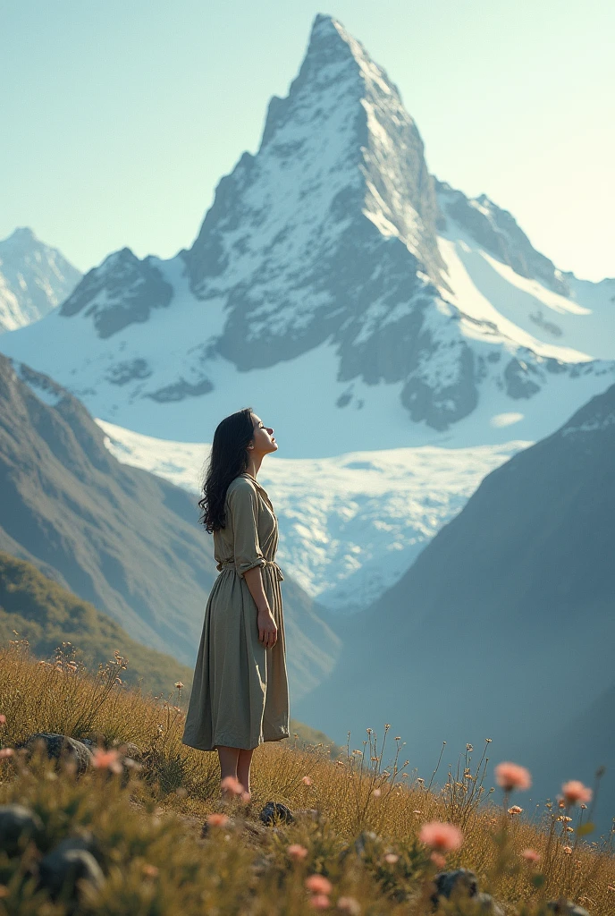 Draw the same girl but talking to the mountain
