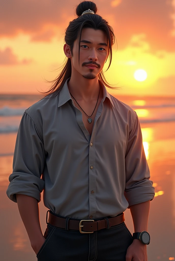 A white man, Cao Cao, blue colored eyes, dark brown straight hair, white teeth and beautiful smile, brawny, a thin mustache. Wearing a gray shirt and black jeans at a sunset on the beach 