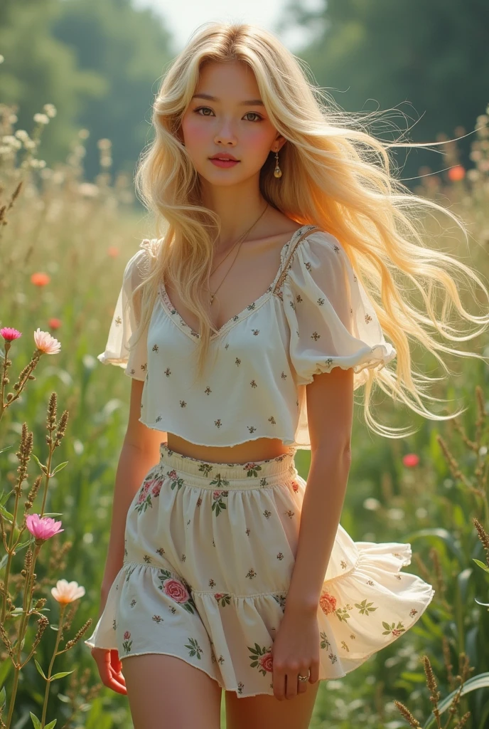 Blonde girl with floral miniskirt and white blouse (((((real life image)))))