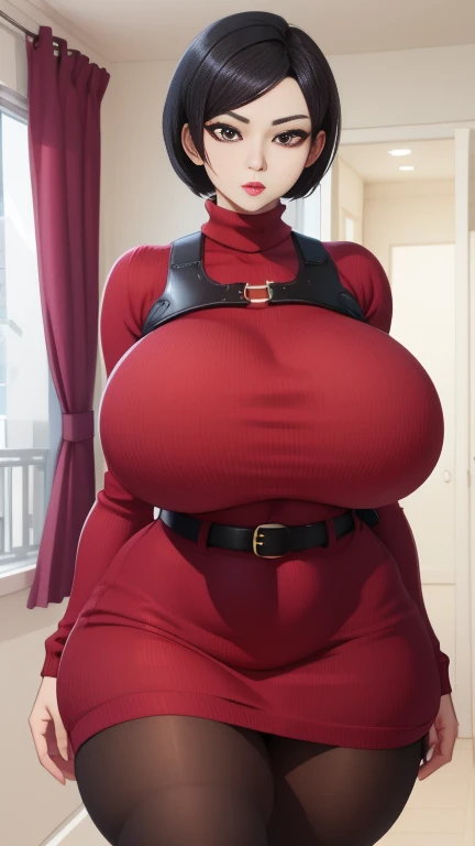 Ada Wong, (((bimbo))), black hair, short hair, perfect face, perfect eyes, looking at viewer, puffy lips, thick lips, wide hips, thick thighs, craving lust face, huge natural breasts, mature mom, indoors, modern interior, fakebreasts, asian female, adasweater, red sweater, sweater dress, turtleneck, harness, pantyhose, black eyes, looking at viewer, large breasts, parted lips, red lips, lipstick, holster, belt, mature female
