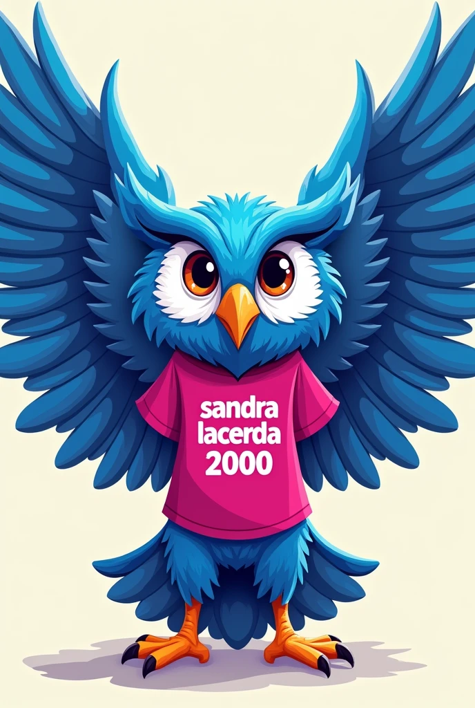 Create an image of a blue owl drawing with open wings wearing a pink shirt with the words Sandra Lacerda 20000 written on it