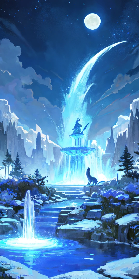 (1.2, top quality), Tarot Card: 1.3,. Tarot Card of the Moon A quiet and still night No people. A dog and a wolf are looking up at the sky. The moon is in the sky, superimposed on the sun. From a fountain a crayfish is about to come up to land. The night sky and the fountain in the background, as well as the overall color blue, are used extensively in this work. 