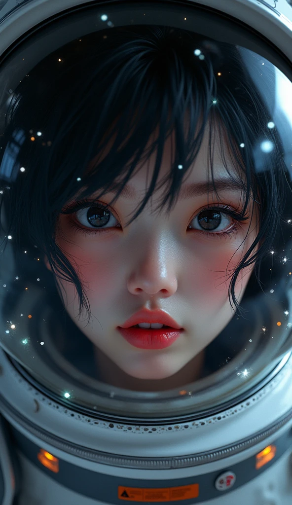 (Upper body close-up:1.5)0.9]、(Space and astronauts:1.2) (Messy black hair:1.1) (black eye) (Space Helmet:1.0) (Colored stars in the eyes:1.0) (Shining Sparkle:1.1) (Thick lips:0.9)、Stars reflected in the helmet々、Lust、Half-open mouth、Hollow Eyes、Hot cheeks