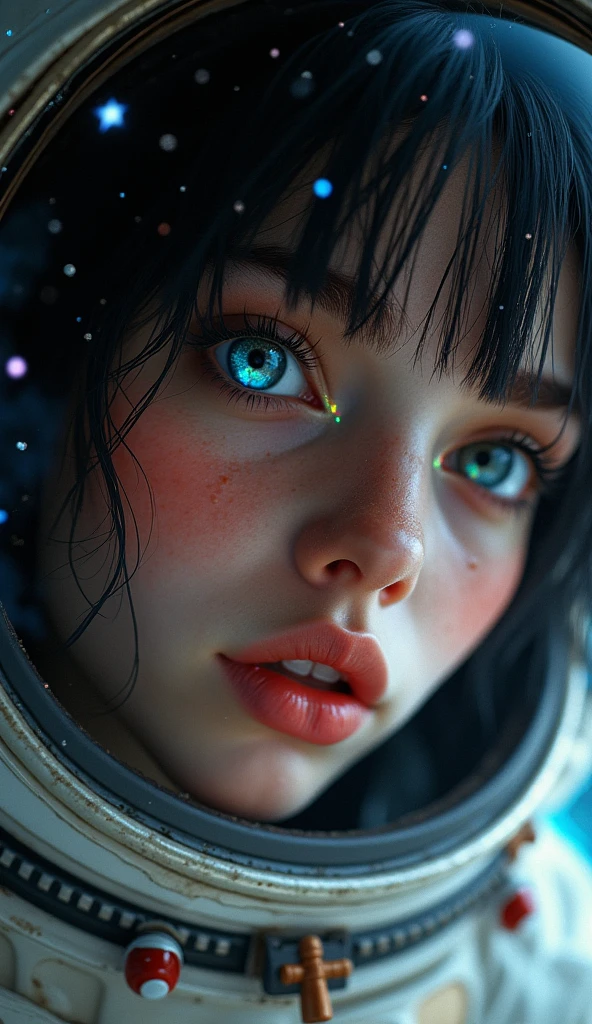 (Upper body close-up:1.5)0.9]、(Space and astronauts:1.2) (Messy black hair:1.1) (black eye) (Space Helmet:1.0) (Colored stars in the eyes:1.0) (Shining Sparkle:1.1) (Thick lips:0.9)、Stars reflected in the helmet々、Lust、Half-open mouth、Hollow Eyes、Hot cheeks