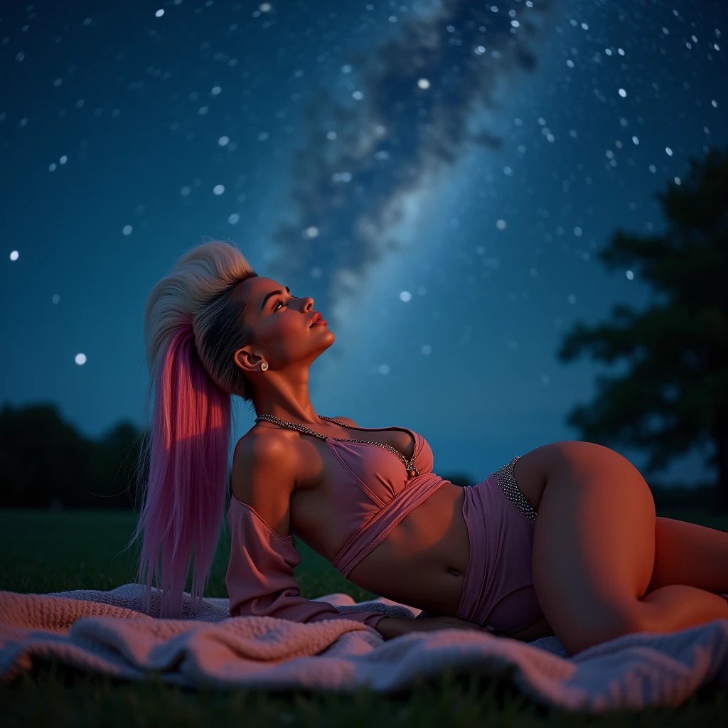 generate a master photograph describing a shapely Woman, a serene summer night sky filled with stars and a clear view of the Milky Way, with a tranquil atmosphere, (8K, best quality), she has a physique like Zendaya, long sleeves, smile, blonde hair, pink highlights in hair, (big chest, small tiny waist, big breasts), half body, lying on a blanket on the grass, gazing up at the stars with a look of wonder, smiling gently, wearing casual home attire, (She has sexy buttocks, Most sexy booty, Most sexy glutes), Womanly, Womancore, (She has fit hips, sexy hips, sexy fit hips, extremely sexy hips), (asian skin, glistening skin, beautiful complexion), shot on Fujifilm superia, (Studio soft light, high detail, cinematic lighting, rim lighting), Style: (hyperrealistic, by DynastySeries FashionNova, photo, {{{masterpiece photography}}}, analog photograph, professional fashion photoshoot, trending on artstation, synthwave, krrrsty), Quality: (photographed, masterpiece, highest resolution), Definition: (highres, sharp focus, 8k uhd, ultra photo-realistic resolution), Film: (80 mm, shot on portra 120, shot on Fujifilm), Resolution: (extremely detailed, (sharp focus:1.5), cinematic lighting, dramatic lighting, ultra photo-realistic), luxury: mohawk hairstyle