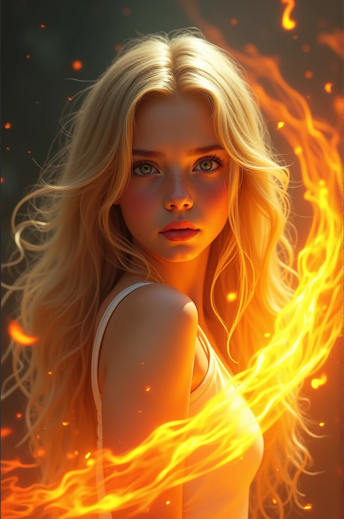 Digital art: blonde girl with flames 