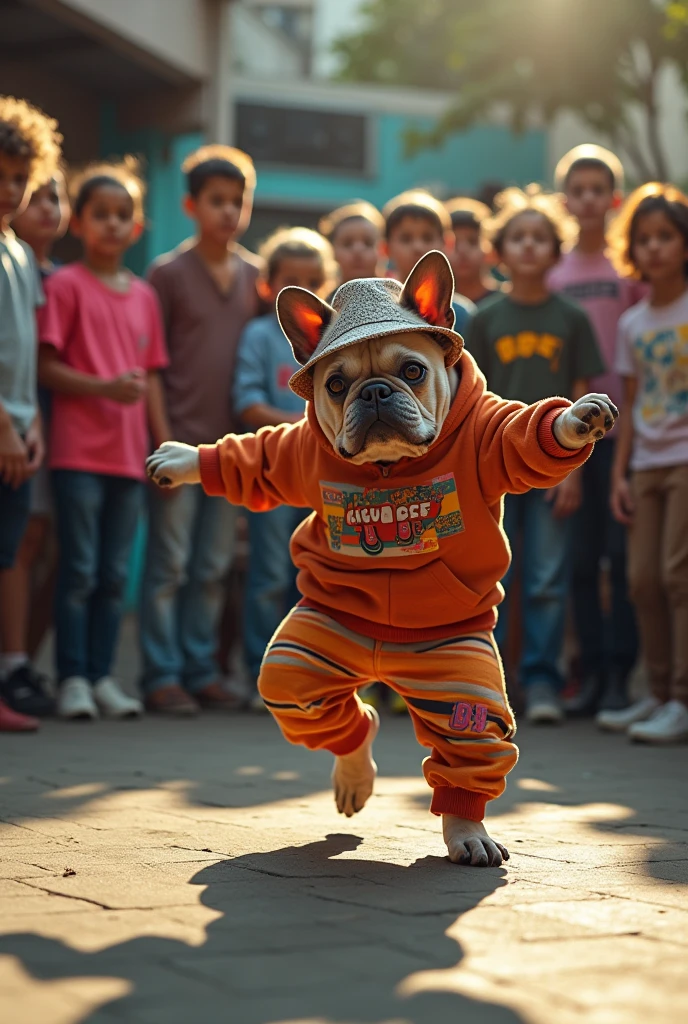 hyper-realistic photo of a French Bulldog wearing Life Djs clothing and a bucket hat breakdancing in front of a crowd of kids in a circle with a stereo in the corner