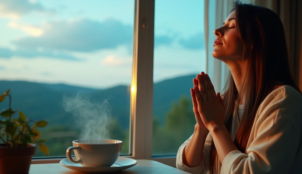 an image closeup of a woman in prayer having breakfast in front of a window at home with a beautiful landscape outside. blue tones, there is a yellow light on the table and smoke comes out of the cup