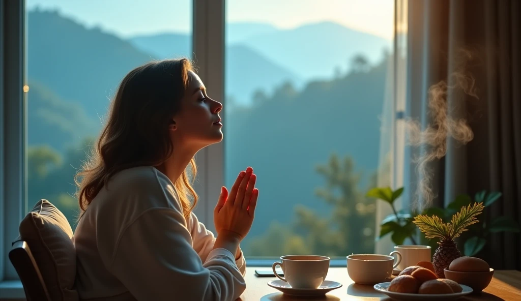 an image closeup of a woman in prayer having breakfast in front of a window at home with a beautiful landscape outside. blue tones, there is a yellow light on the table and smoke comes out of the cup