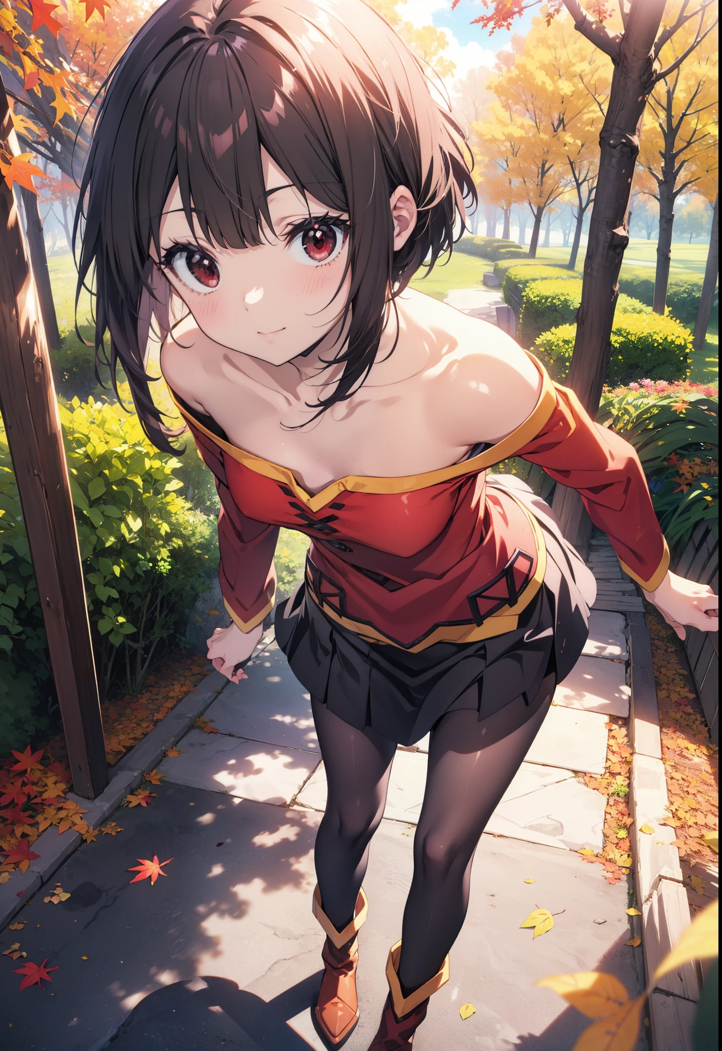 konosubaMegumin, Megumin, short hair, Black Hair, (Red eyes:1.3), short hair with long locks,smile,One-shoulder sweater,mini skirt,Black pantyhose,short boots,autumn leaves,autumn leavesが積もっている,autumn leavesが散っている,Walking,Daytime,Clear skies,whole bodyがイラストに入るように,
break outdoor, forest,
break looking at viewer,whole body, 
break (masterpiece:1.2), Highest quality, High resolution, unity 8k wallpaper, (figure:0.8), (Beautiful attention to detail:1.6), Highly detailed face, Perfect lighting, Highly detailed CG, (Perfect hands, Perfect Anatomy),