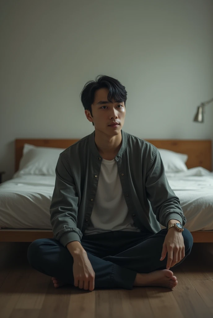 A man with 170cm height and short black hair parted in the center is sitting on the floor with his back against the bed.、A full-length image of a 163cm tall man with center-parted black hair sitting between her legs