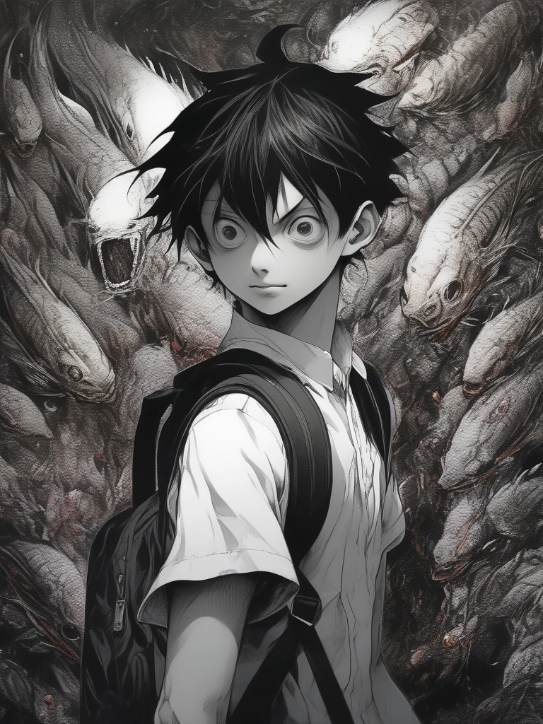 anime artwork black and white, manga about a beautiful attractive schoolboy named Daisuke, embracing ((scrary fluided organs monsters)),he has short straight black hair, schoolboy, japanese, gloomy face, depressed, smiling, crazy, creepy, horror, ,(by junji ito:1.6), perfect hands,, (masterpiece,best quality:1.5), ultra realistic,32k,RAW photo,(high detailed skin:1.2), 8k uhd, dslr, soft lighting, high quality, film grain, Frans Snyders . anime style, key visual, vibrant, studio anime, highly detailed