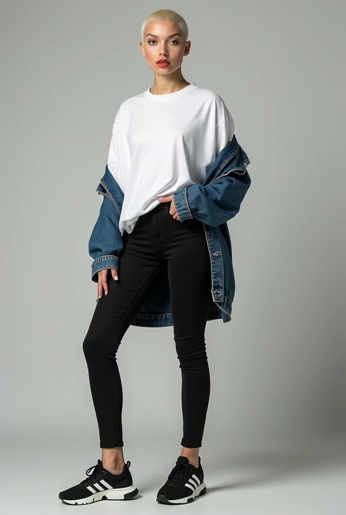 A beautiful trans female Caucasian, tall,buzz haircut,wide hips ,flat chested,wearing oversized white long t-shirt untucked and black tight jeans and black sneakers with white stripes,red lipstick, polished nails, fitting denim jacket , front,side and back view of her 8k resolution