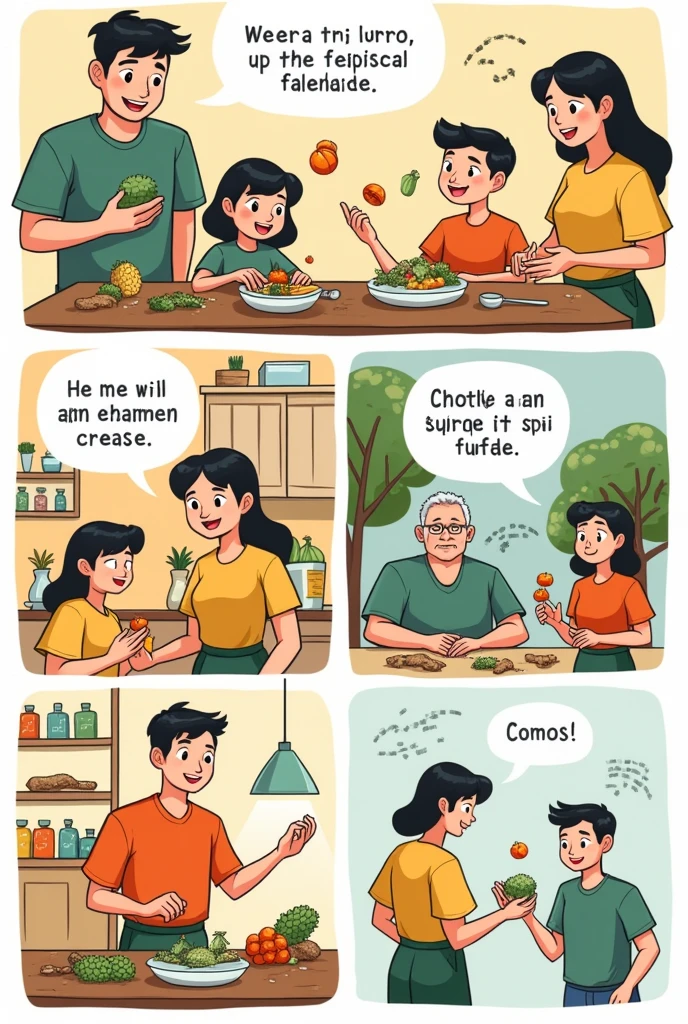 create a 4-comic drawing about not wasting food that is easy to draw
