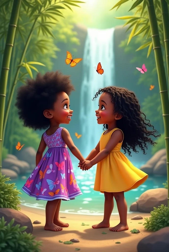  CHILD with black skin, purple and pink butterfly dress, black curly frizzy hair holding hands with  black CHILD, Long wavy hair, yellow dress, happy barefoot in the BAMBUZAl of the CACHOEIRA with butterflies around