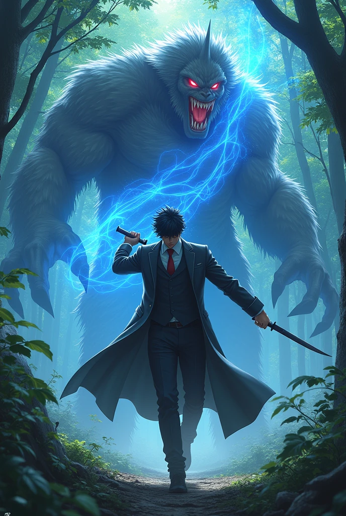 ((Best Quality)), ((masterpiece)), ((detailed)), ((High Definition)), An epic fight between a hunter and a monster in anime style. The hunter wears a suit and a trench coat, ready for any fight, with a machete in hand, with a sharp blue aura. dynamic movements, fighting pose, running forward. with a forest in the background.