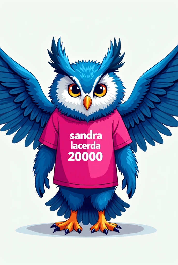 Create an image of a blue owl drawing with open wings wearing a pink shirt with the words Sandra Lacerda 20000 written on it