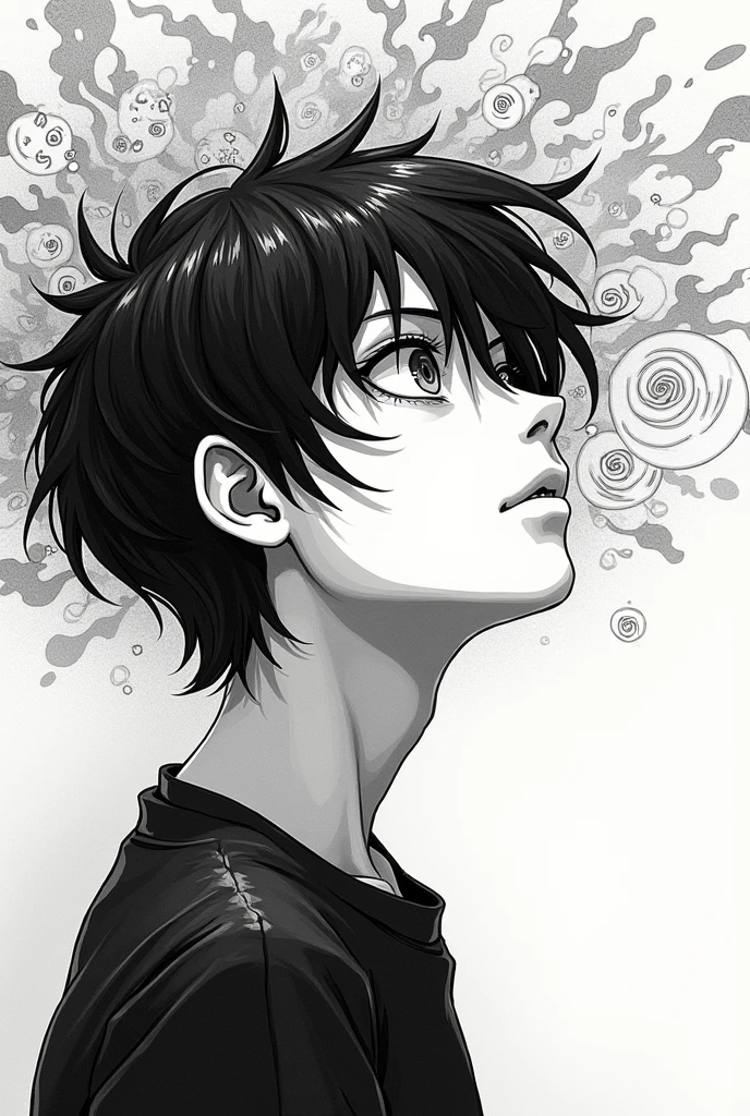 Monochrome manga art style, illustrating a moment of introspection as the character contemplates the best decision for themselves, intricately detailed features with expressive eyes reflecting their turmoil, sharp lines defining the contours of their face, delicate shading creating an air of tension around them, the background flows seamlessly with swirling thought bubbles depicting swirling ideas and options, the scene evokes a powerful sense of contemplation enhanced by the monochromatic palette, contrasting whites and blacks harmonizing to emphasize the depth of the character's inner conflict, dynamic shadow play imparting a dramatic atmosphere while subtly guiding the viewer's attention towards the character's expression and the complexity of their decision-making process, inviting observers to explore their own dilemmas, capturing the essence of choice in a visually striking way while adhering to the principles of manga aesthetics.