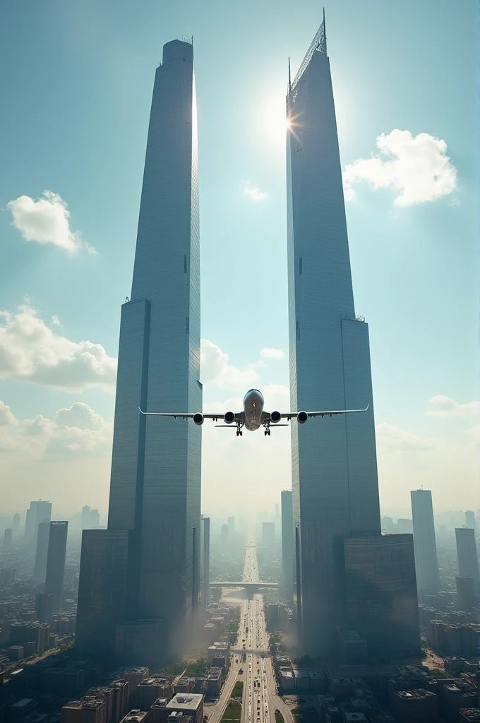 Two huge identical towers with a plane heading towards them
