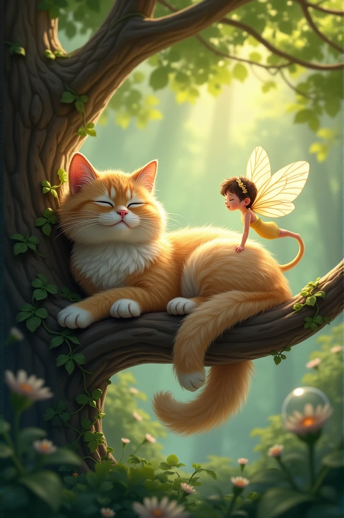 Can you make me a cat that is in a tree and is visited by a little fairy godmother?