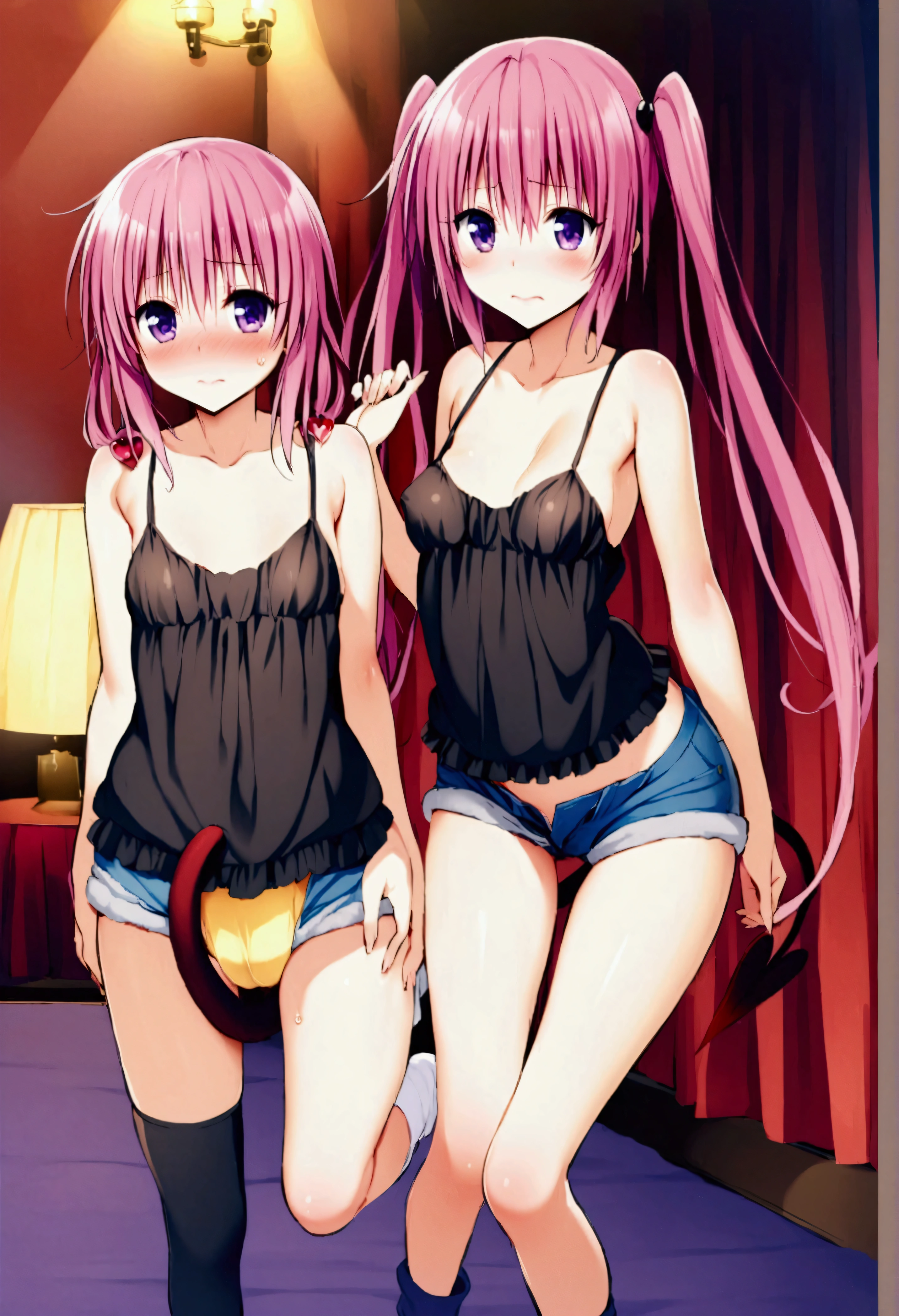 NSFW,masterpiece,Highest quality,High resolution,Very detailed,Nana Asta Deviluke\(To Love-Ru\),Pink Hair,Purple Eyes,long hair,Twin tails,tail,Devil's Tail,Small breasts,Tank top,Denim shorts,Low rise,Knee-high socks,Embarrassed,is nervous,Nightlife,Love Hotel,prostitution,(Prostitute)