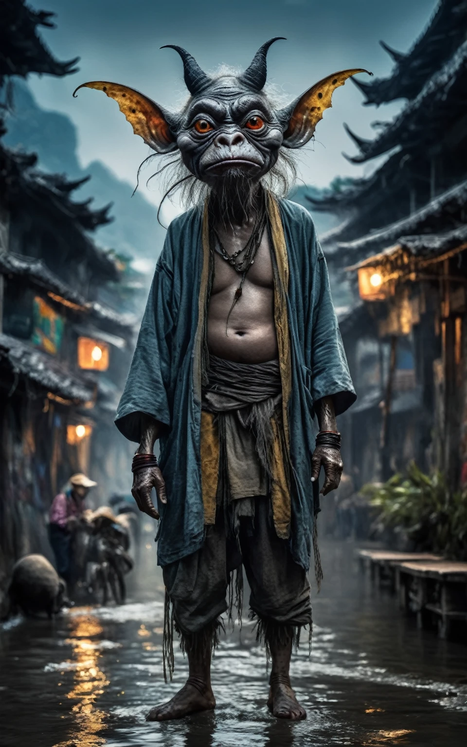 full body length shot,beggar graphite Manganite sparas, wants eat,survival in criminal city of future,Cinematic,soft colors, Technicolor,natural skin textures, hyper realism, hyper detailed,Extremely detailed,High contrast,Masterpiece,Realistic,Ultra Detailed, intricate details,realistic humid leather,extremly intricate,Epic Realistic, cinematic style,irina yermolova,high contrast,hdr,extremely detailed, [deep night landscape],masterpiece,intricate details,faded,eyes extremely detailed, high detailed eyes,16k resolution,RAW,retina, Nikon Z9,China,Songbird,orc,Li River in Guangxi Zhuang of China,tkt style, Pisces, pointed ears，perfect, ginger，transition between two art styles, Ink painting to photorealism, Double contact, X-ray, Creative, vivid light, masterpiece, fantasy, Abstract, Surrealism, super detailed, high resolution, stop:35